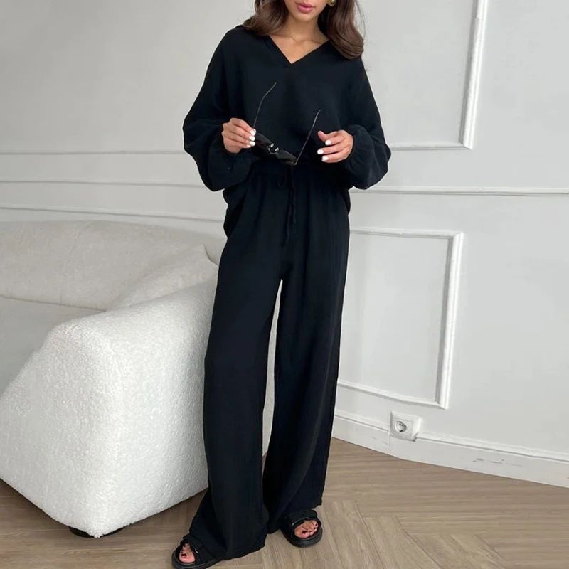 women's Casual Loose Suit Women's Long-sleeved Top + Drawstring Trousers Suit Autumn Lapel Two-piece Set_voghion.com