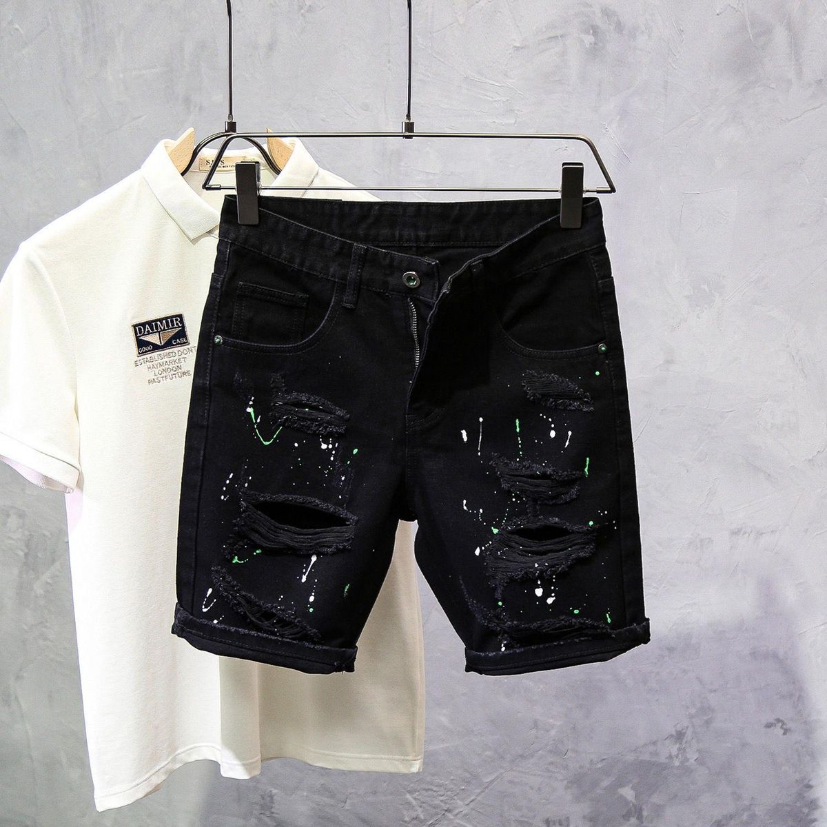 Herretøj Sommer Tynd Stil Kattehår Ripped Personlighed Blæk Splash Slim Fit Skinny Feet Cool Shorts_voghion.com