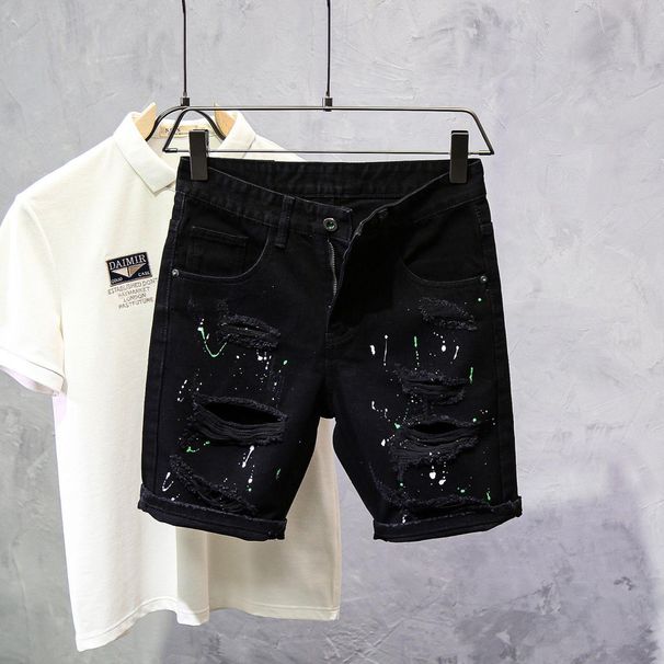 Herretøj Sommer Tynd Stil Kattehår Ripped Personlighed Blæk Splash Slim Fit Skinny Feet Cool Shorts_voghion.com