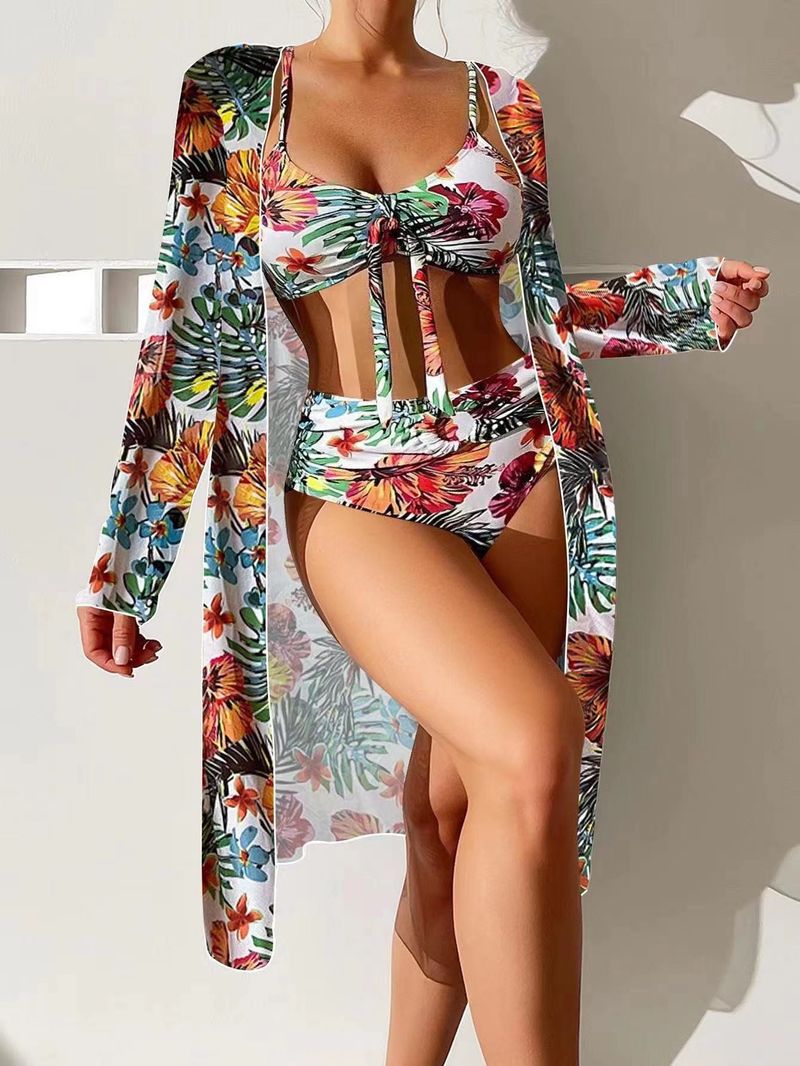 Women's new swimsuit long-sleeved blouse mesh three-piece bikini high waist swimsuit female bikini_voghion.com