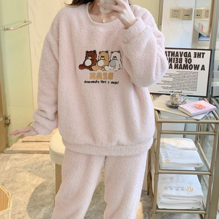 2024. gada jaunā korejiešu versija, vienkārša gara pāru pidžama sievietēm ziemā ar biezu plīša džemperi vīriešu multfilmas stilā_voghion.com