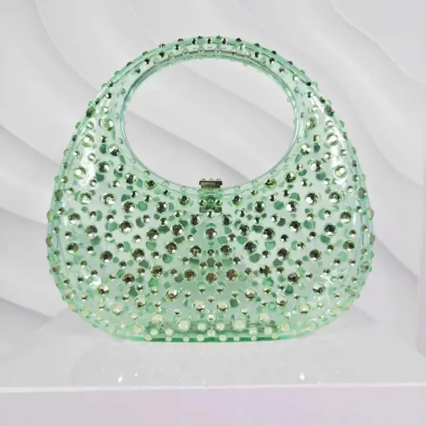 Borsa da sera da donna in acrilico trasparente lucido con motivo a mezzaluna tempestato di diamanti e strass_voghion.com