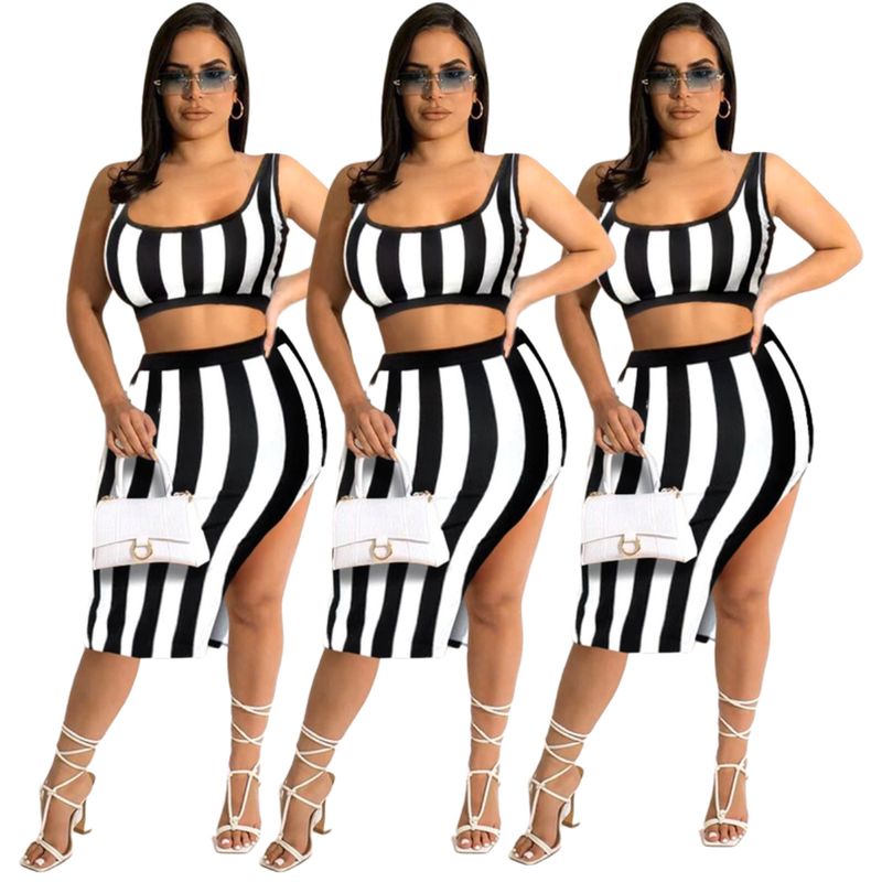 FM6253 2025 Abito da donna a due pezzi, sexy, a righe, con fianchi in vista, per discoteca_voghion.com