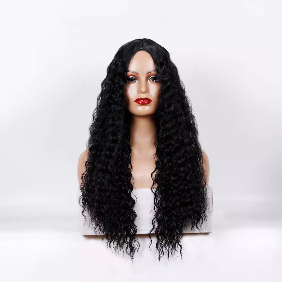 Nove lasulje, dolgi kodrasti lasje s prečo na sredini, črna koruzna trajno, mat lasulje iz visokotemperaturne svile, celoten naglavni okras_voghion.com