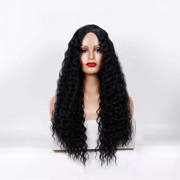 Nove lasulje, dolgi kodrasti lasje s prečo na sredini, črna koruzna trajno, mat lasulje iz visokotemperaturne svile, celoten naglavni okras_voghion.com