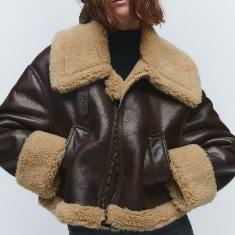 Women's double-sided short jacket jacket long sleeve fur one loose and lazy warm top_voghion.com