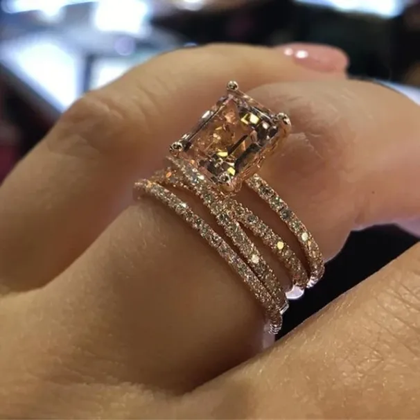 Ready Stock Fashion Multilayer Morganite Rose Gold Color Wedding Jewelry Champagne crystal stone Ring Bague for Women Mother days_voghion.com