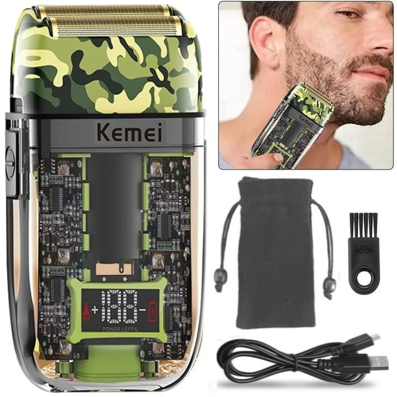 kemei km-TX7 waterdicht LCD digitaal display scheermes USB opladen camouflage transparant lichaam elektrisch scheerapparaat voor de mens_voghion.com
