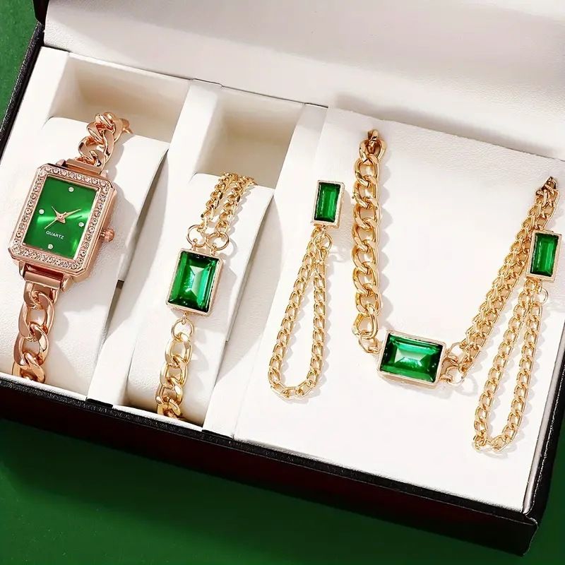 Women's Fashion Simple Square Quartz Watch Versatile Chain Red Gem Necklace Earrings Bracelet Set Birthday Anniversary Valentine's Day Gift_voghion.com