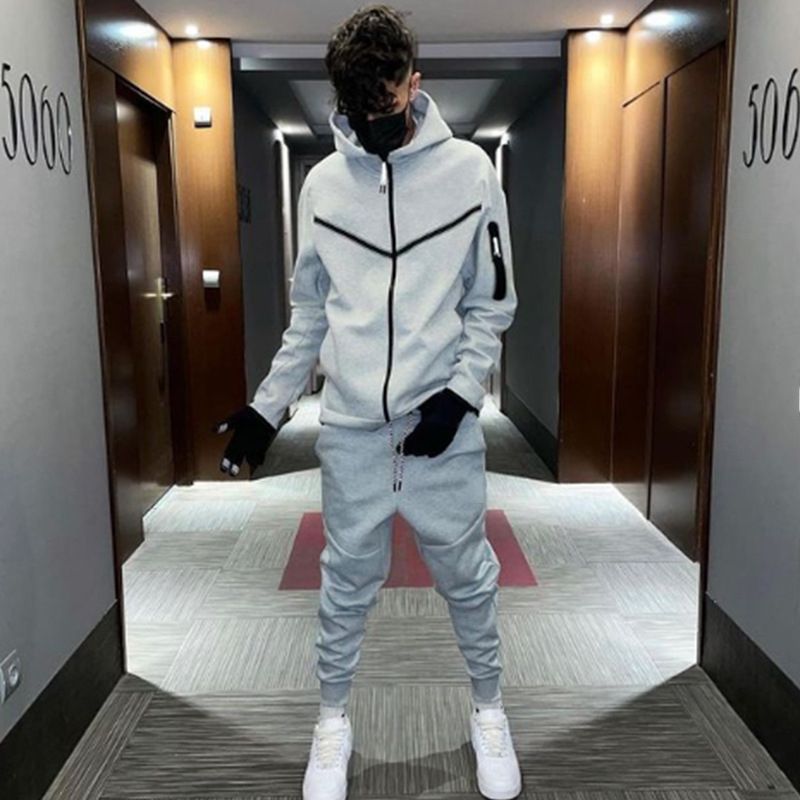 Fashion Solid Color Slim Two Piece Sets Men Fall Winter Casual Long Sleeve Zipper Hooded Sweatshirt And Pants Suits Mens_voghion.com