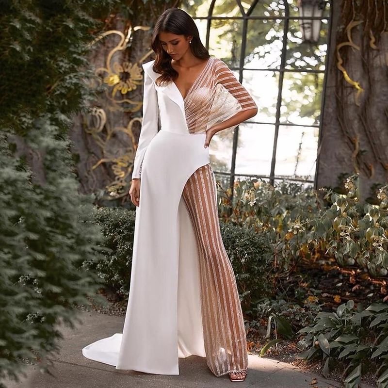 Women's clothing spliced ​​V-neck lace irregular dress skirt solid color jumpsuit_voghion.com