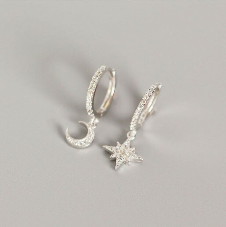 Dangle Moon Sun Micro CZ Drop Hook Huggie Earrings 925 Sterling Silver 12mm E19_voghion.com