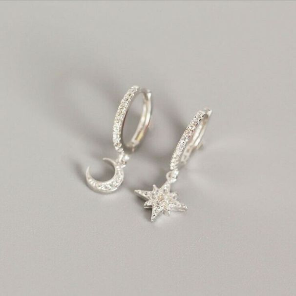 Dangle Moon Sun Micro CZ Drop Hook Huggie Earrings 925 Sterling Silver 12mm E19_voghion.com