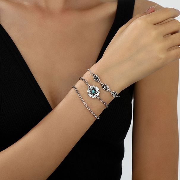 Böhmisches Türkis geschnitztes hohles Blumenarmband 3-teiliges Set gestapelter Schmuck Damen_voghion.com