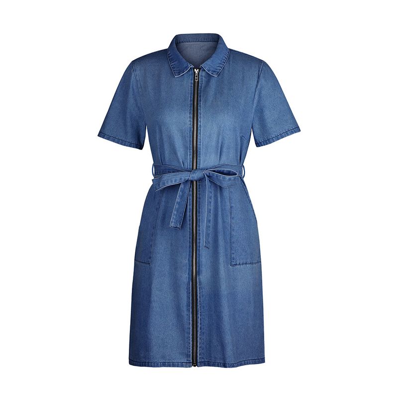Abito da donna in denim slim fit tascabile sexy con cerniera a maniche corte in vita con lacci in vita da donna 2023 nuovo transfrontaliero_voghion.com