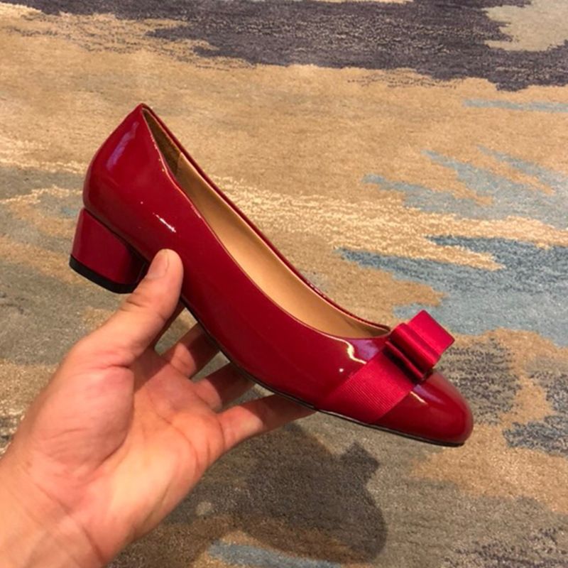 High Version Bowknot Single For Women 2025 New Style Feijia Genuine Leather Red Chunky Heel Shallow Mouth Round Toe_voghion.com
