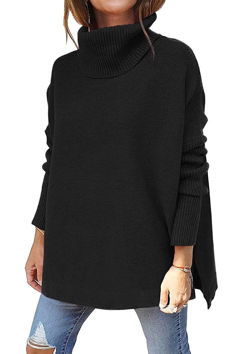Women's Turtle Neck Oversized Sweater Mid-Length Bat Wing Sleeve Slit Hem Belted Pullover Sweater_voghion.com