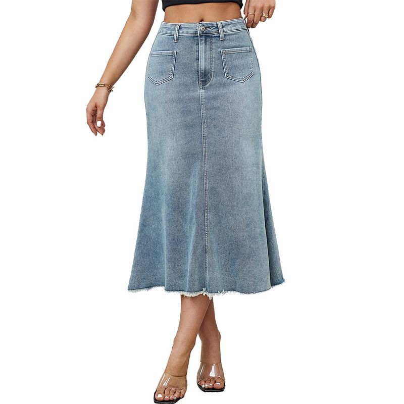 Retro spijkerrok, spijkerrok met ruwe rand, middellange fishtail-rok, heupbedekkende rok met hoge taille voor meisjes_voghion.com
