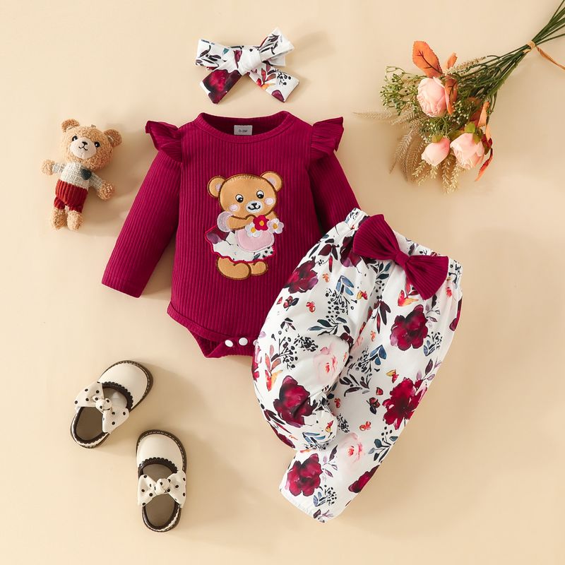 Haine pentru bebeluși, top cu mânecă lungă și pantaloni pentru bebeluși, costum pentru bebeluși, salopetă triunghiulară cu broderie și dungi, culoare roșu vin, pantaloni cu flori_voghion.com