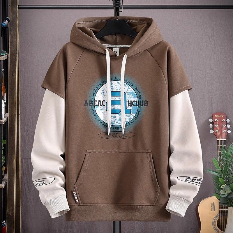 Abbigliamento maschile Felpa con cappuccio alla moda per uomo grasso di grandi dimensioni per uomo in primavera e autunno giacca alla moda in due pezzi con cuciture top casual largo_voghion.com