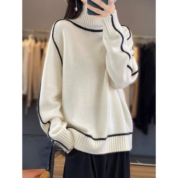 Kadın Giyim Büyük Boy Kalın Örgü Kazak, Renk Bloklu Tasarım, Sonbahar Kış İçin Yüksek Yaka Kazak, Yumuşak ve Sıcak Viskon Karışımlı Günlük Üstler_voghion.com