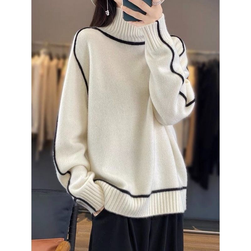 Women's Clothing Oversized Chunky Knit Sweater With Color Block Design, High Neck Pullover For Autumn Winter, Soft & Warm Viscose Blend Casual Tops_voghion.com