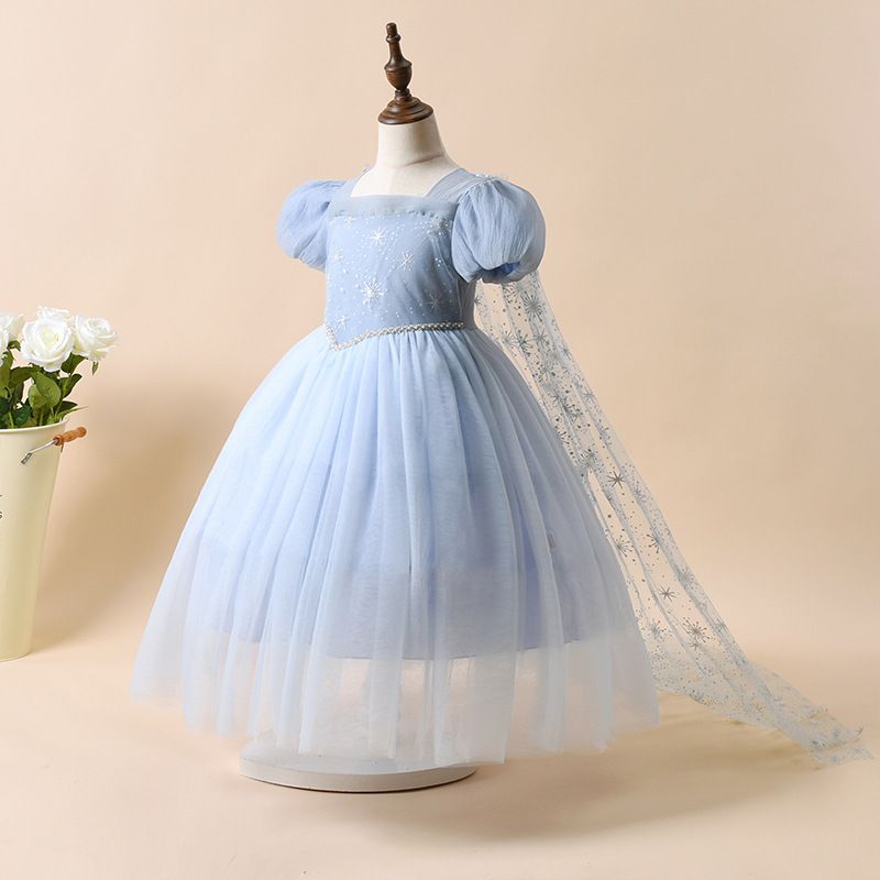 Miso Bear New Sweet Children's Pleated Snow Elsa Princess Dress, Short-sleeved Elsa Elsa Girl Princess Dress_voghion.com