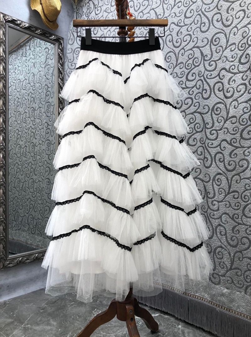 Jupe longue de haute qualité pour femmes, jupe Maxi à volants en cascade, taille élastique, printemps été 2022, White10_voghion.com
