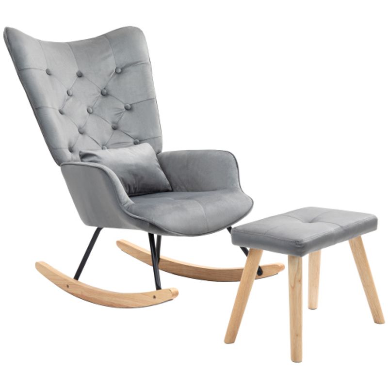 HOMCOM Schaukelsessel Mit Hocker, Relaxsessel Mit Kissen, Samtoptik, Ohrensessel Mit Holzbeine Für Schlafzimmer, Wohnzimmer, 66 X 96 X 101 Cm, Dunkelgrau_voghion.com