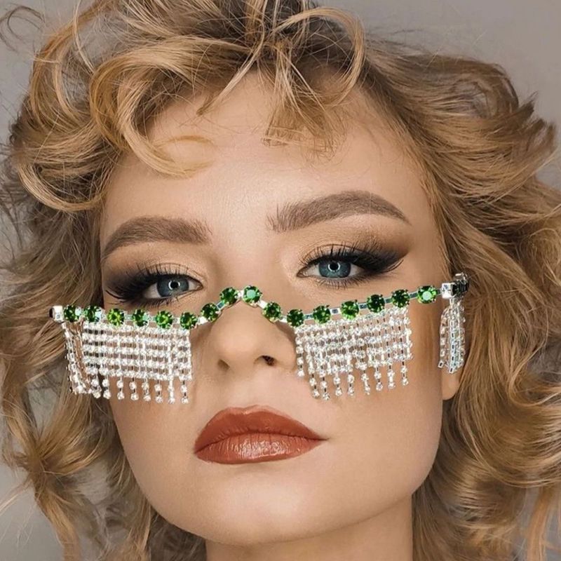 ins fashion Diamond-embedded semicircle decorative glasses personality punk Street shooting fashion tassel_voghion.com