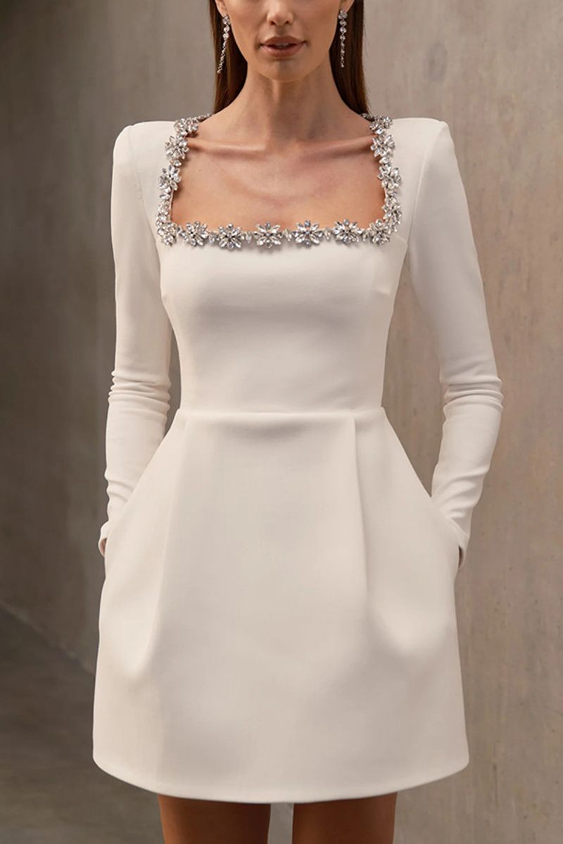 Robe courte en velours à col carré et diamants pour femme, élégante, printemps 2024_voghion.com