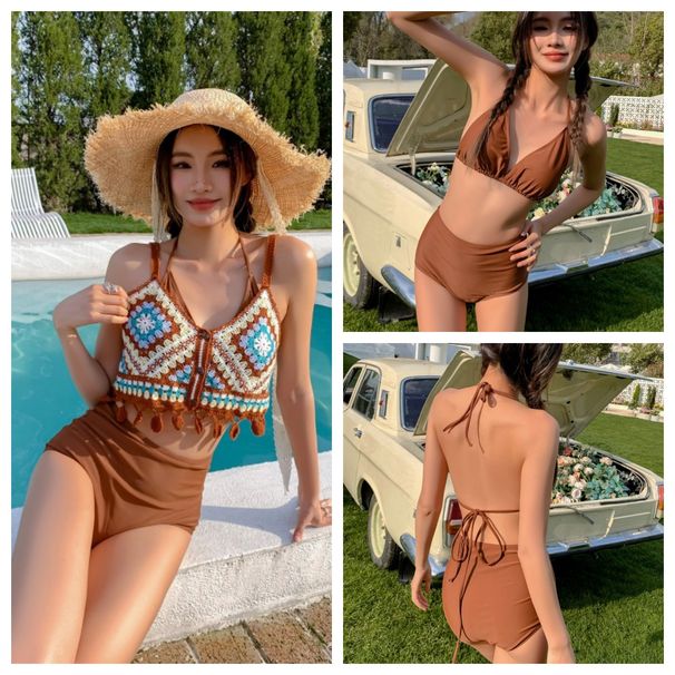 Set da tre pezzi color caffè, coreano, 2024, nuovo costume da bagno sexy in maglia con nappa, per le vacanze primaverili e calde, da donna_voghion.com