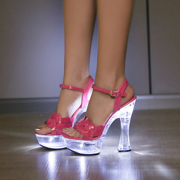 Transparent Super High Heel 14cm Thick Heel Summer Women Waterproof Platform Textile Sexy Luminous Sandals_voghion.com