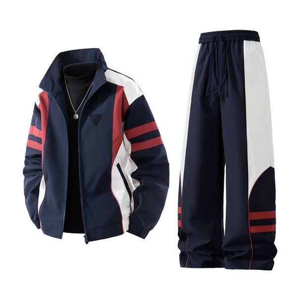 Retro Embroidered Triangle Logo Jacket & Pants Set – Vintage-Inspired Athletic Style For Men (Black/Navy)_voghion.com