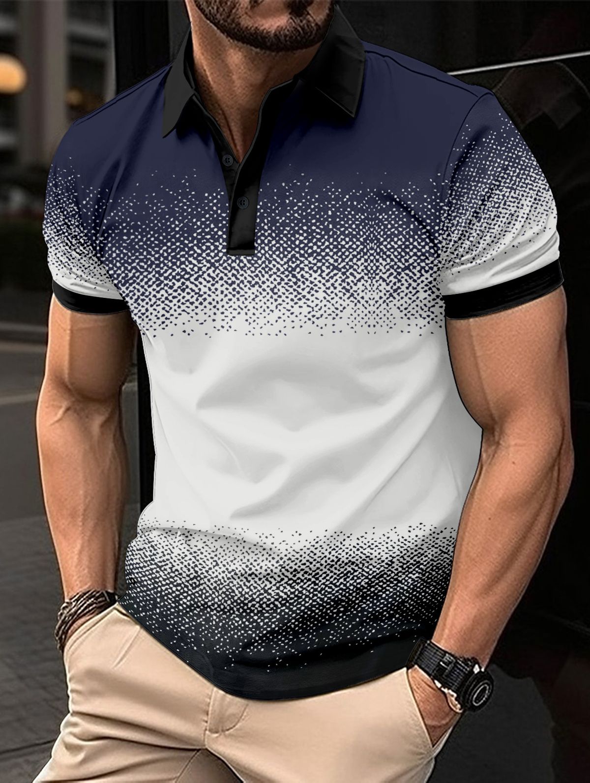 Herrenbekleidung Sommer-Poloshirt mit Fadenkragen und Aufdruck für Herren, kurzärmelig, Reversknopf_voghion.com