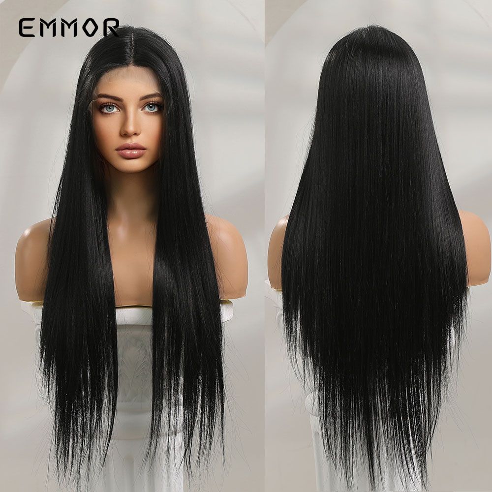 Perücke weiblich Mittelteil schwarz lange glatte Haare Vollkopf Set in einem Stück Make-up Altersreduzierung Perückenset_voghion.com