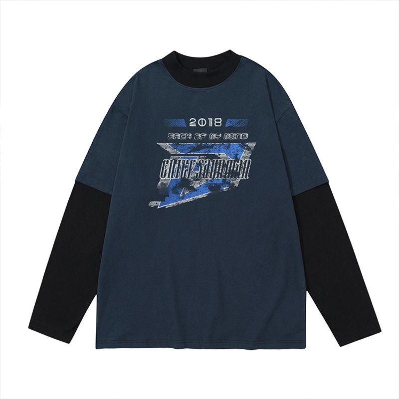 men's clothing Spring and Summer New Fake Two-piece Bottoming Shirt Pure Cotton Loose Small Neckline Fashion Brand Long Sleeve T-shirt Men_voghion.com