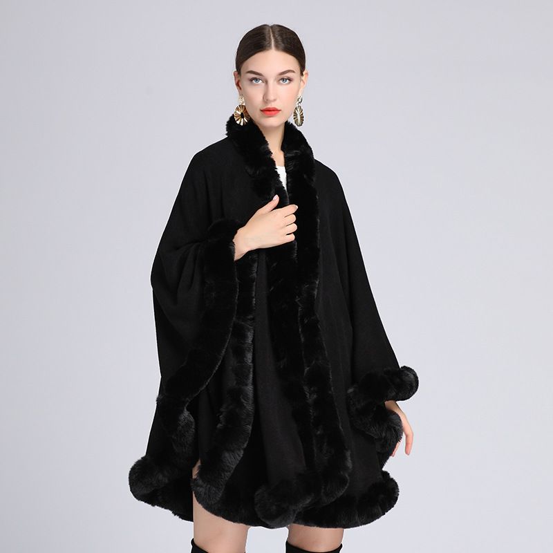 Fur Collar Cape Ladies Large Size Knitted Cardigan Loose Coat Artificial Fur Fashionable And Warm Shawl Cape_voghion.com