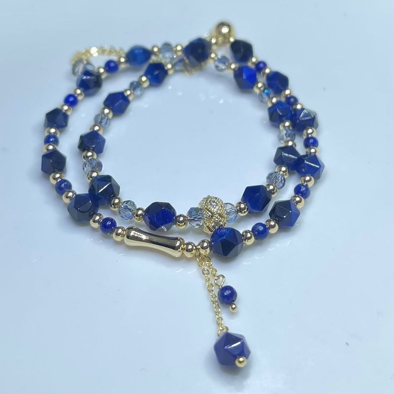 Natural Crystal = Bracelet, Blue Tiger's Eye Stone Bracelet, Lapis Lazuli Crystal Double Ring Bracelet._voghion.com