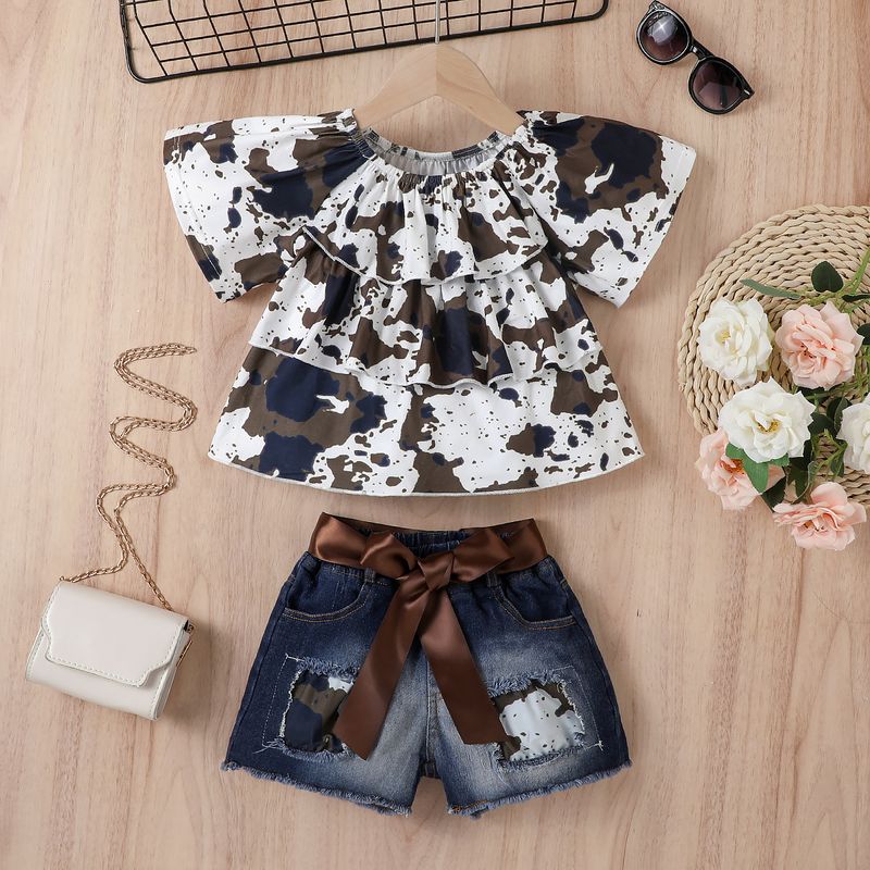 Mother & Kids Girls' Hot Selling Cow Pattern One Shoulder Trumpet Sleeve Top Elastic Hole Hairy Denim With Coffee Belt_voghion.com