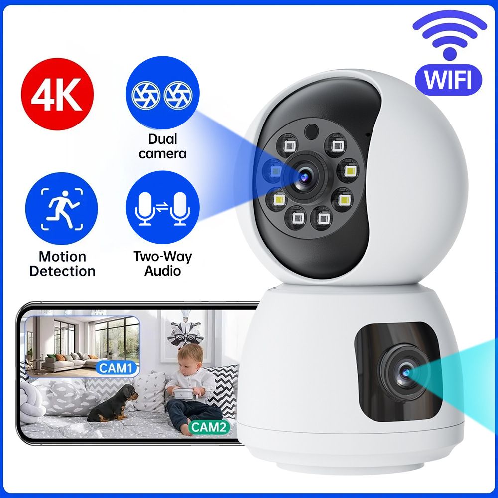 Smart hjemmeskjerm-overvåkningskamera med 360° innendørs fjernkontroll WiFi, HD-nattsyn og doble 200-skjermer_voghion.com