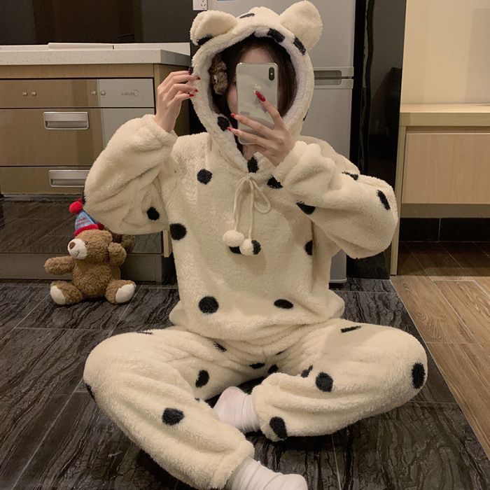 2024 Popular Invierno Nueva Sudadera con Capucha Larga Doble Linda de Dibujos Animados para Mujer con Pijama de Felpa con Estampado de Leopardo para Mujer_voghion.com