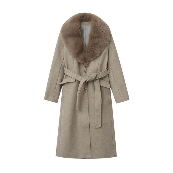 Women's Long Wool Blend Coat With Faux Fur Collar – Stylish Winter Outerwear For Street Fashion (XS/S/M/L)_voghion.com