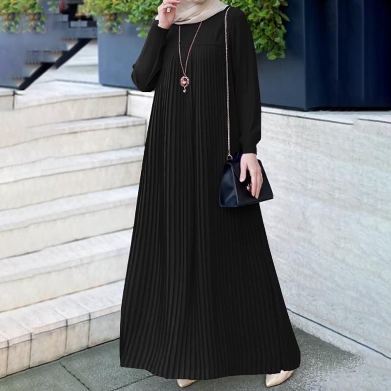 Women's Clothing elegant pleated skirt solid color simple round neck long sleeve pleated design_voghion.com
