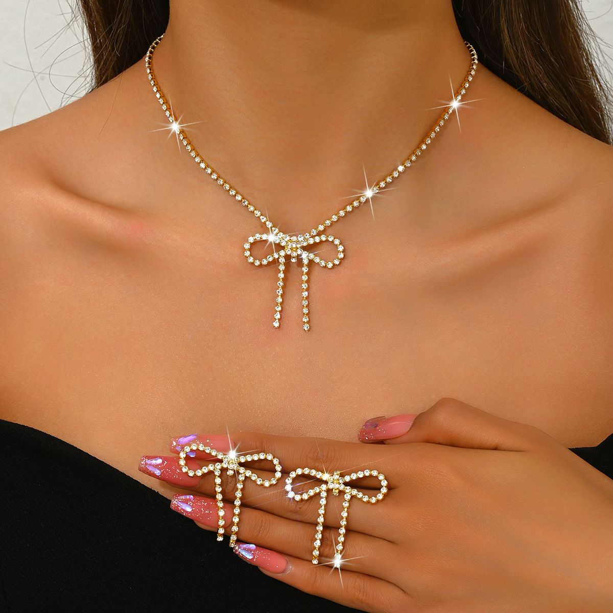 Parure de bijoux tendance pour femme, collier avec nœud en diamants, chaîne à griffes ultra-brillante, accessoires exagérés, bijoux de mariage tendance pour banquet_voghion.com