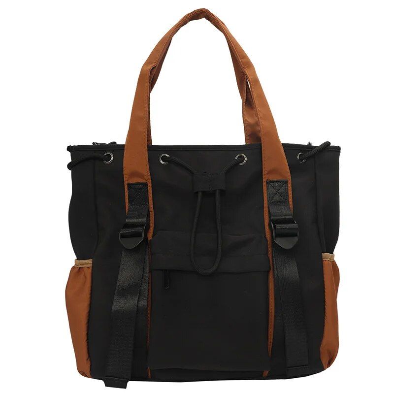 Borsa a tracolla in tessuto di nylon per donna, borsa tote multitasche con coulisse, grande capacità, borsa per libri per studenti_voghion.com