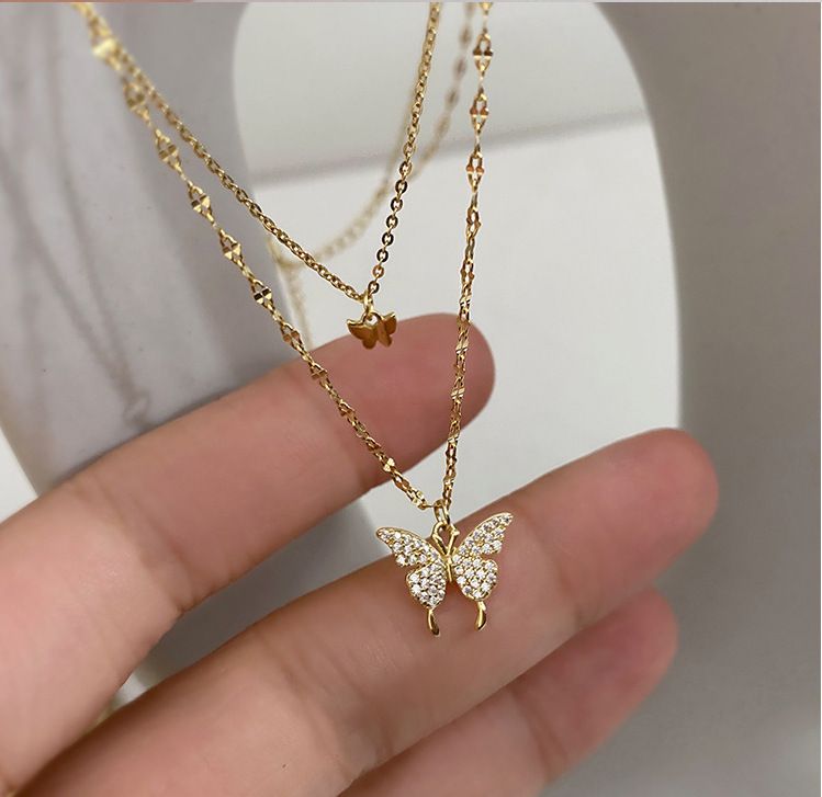 Collana a farfalla con ciondolo a farfalla a doppio strato, design di celebrità di internet femminile, stile ins, catena per clavicola_voghion.com