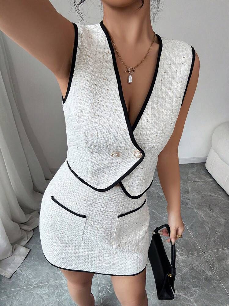 Damenbekleidung Elegantes ärmelloses Weste-Top-Rock-Zweiteiler-Set_voghion.com