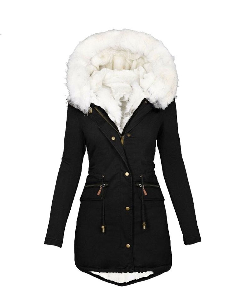 Damenbekleidung, die heißeste Plüsch-Baumwolljacke mit Reißverschlusstaschen, mittellange Baumwolljacke, Damen-Baumwolljacke, Parka_voghion.com