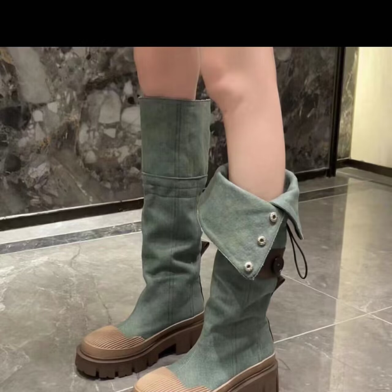 Stil Martin Stiefel Herbst und Winter Oberbekleidung Runde Zehe Quadratischen Absatz Farblich Passende High-End-Cowboystiefel Leichte Luxus Einteilige Lieferung_voghion.com